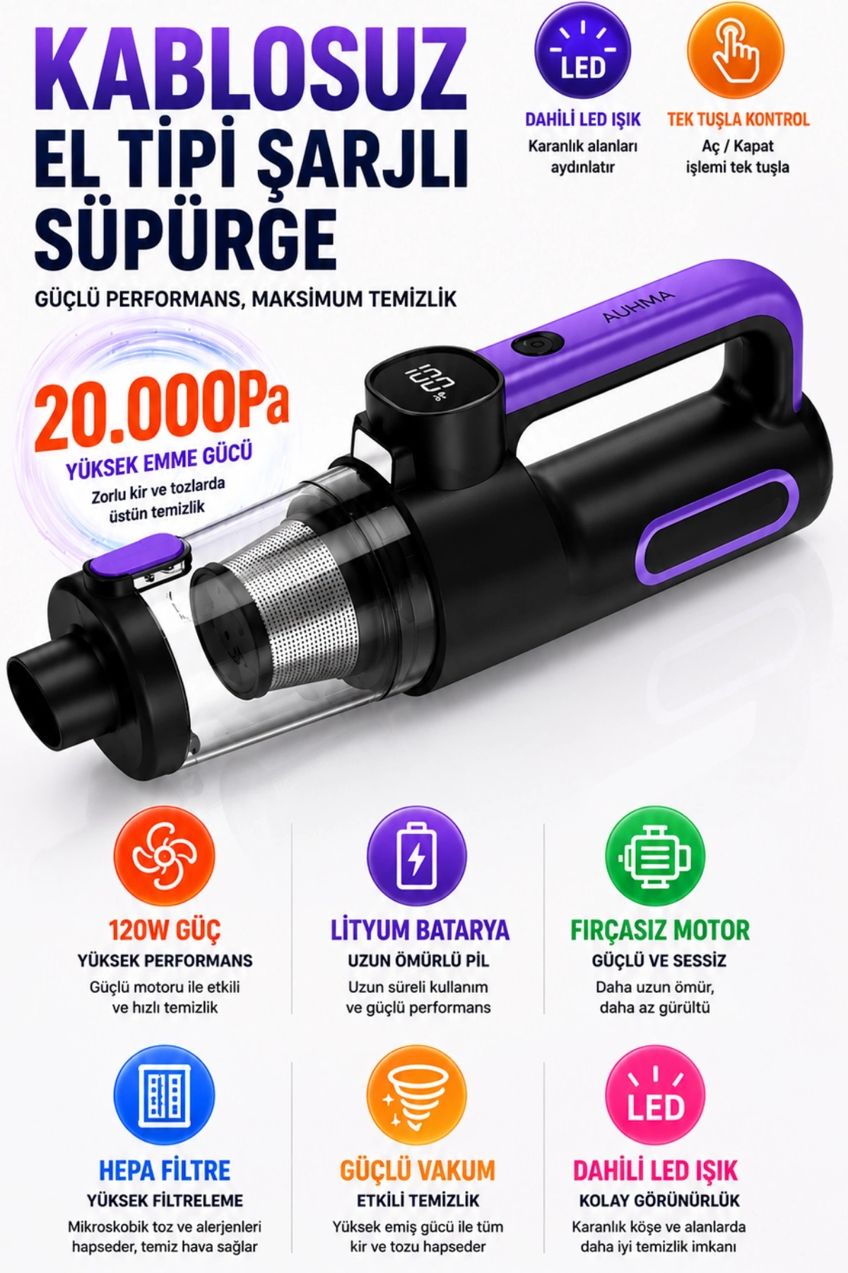 Auhma AHV-43 Şarjlı El Süpürgesi - 20.000 Pa Yüksek Emiş Gücü, 120W