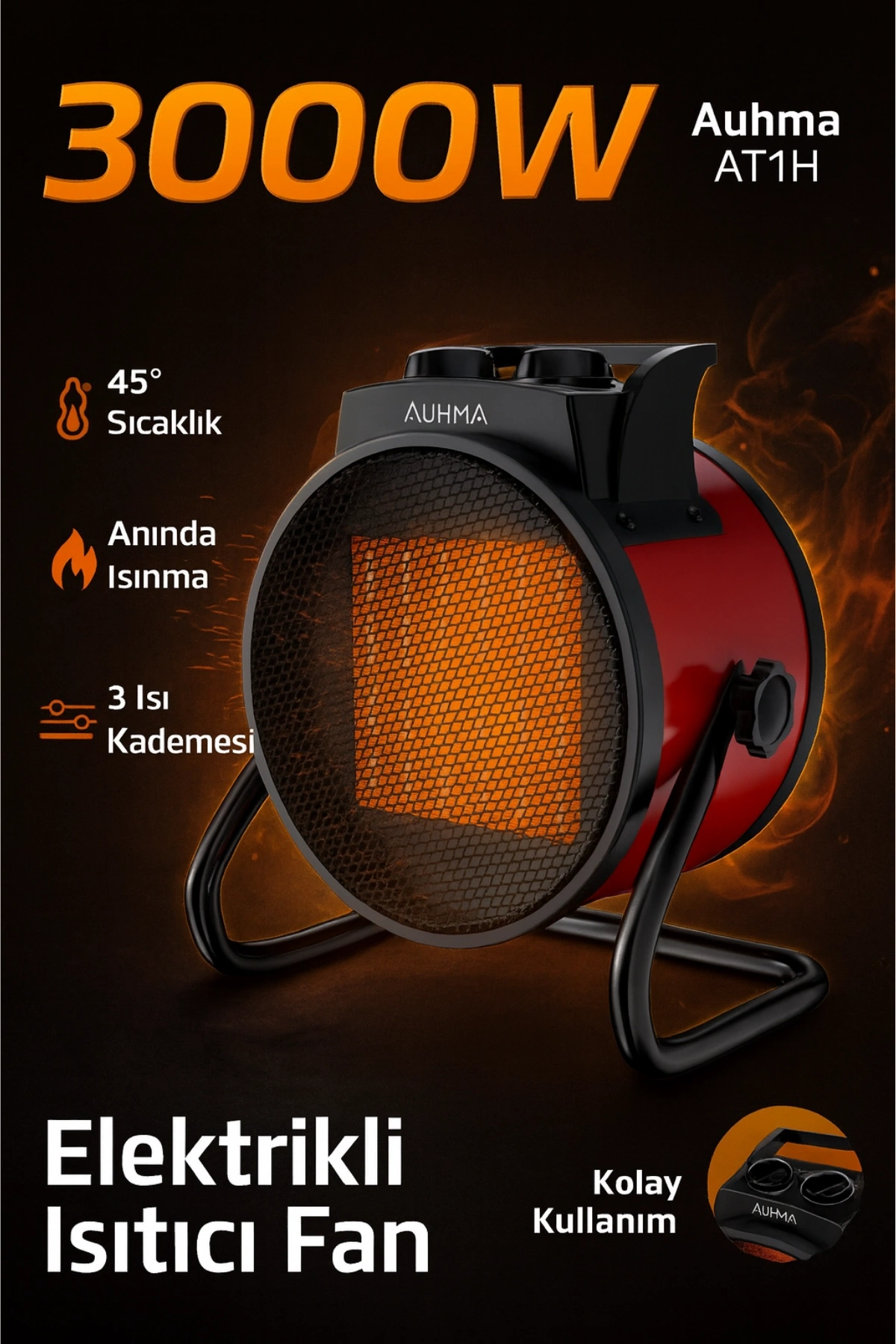 Auhma AT1H Yeşil 3000W PTC Elektrikli Isıtıcı Fan Termostatlı ve Güvenli Isıtma