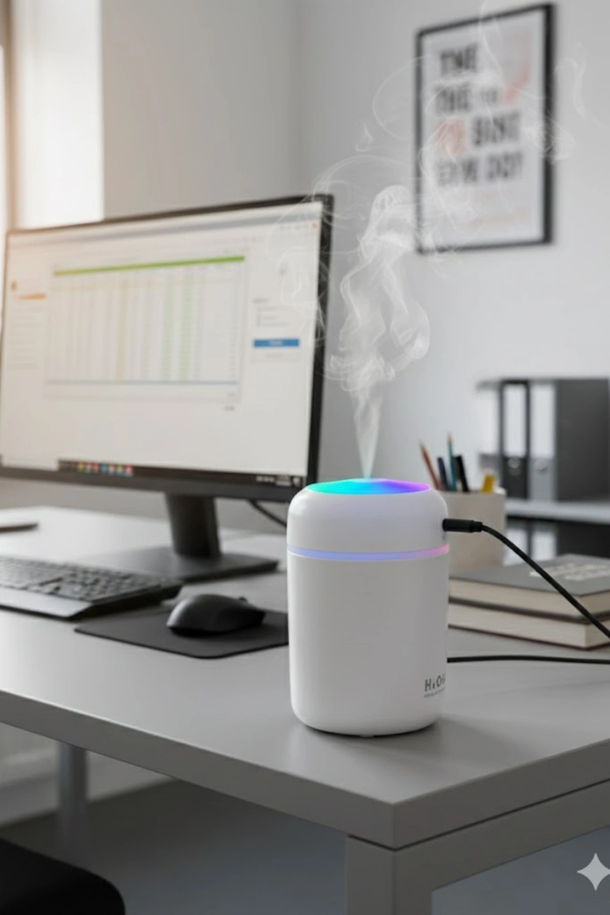 Beyaz H2O USB Renkli Mini Hava Nemlendirici | LED Işıklı | 350ml Taşınabilir Oda ve Ofis Difüzörü