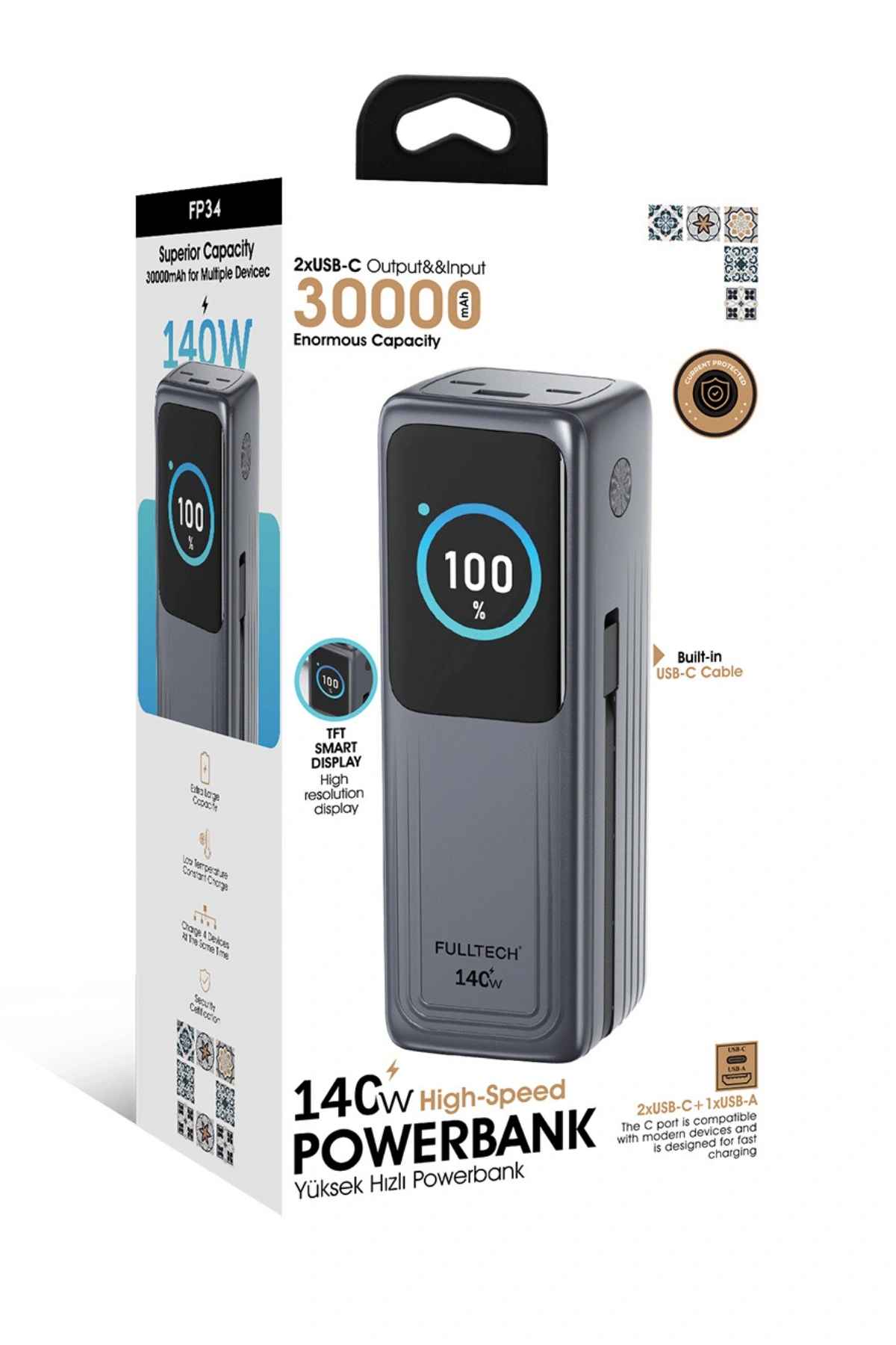 Fulltech FP34 140W Süper Hızlı Powerbank | 30000mAh Yüksek Kapasiteli | PD & QC 3.0 Destekli Akıllı Ekranlı Taşınabilir Şarj Cihazı