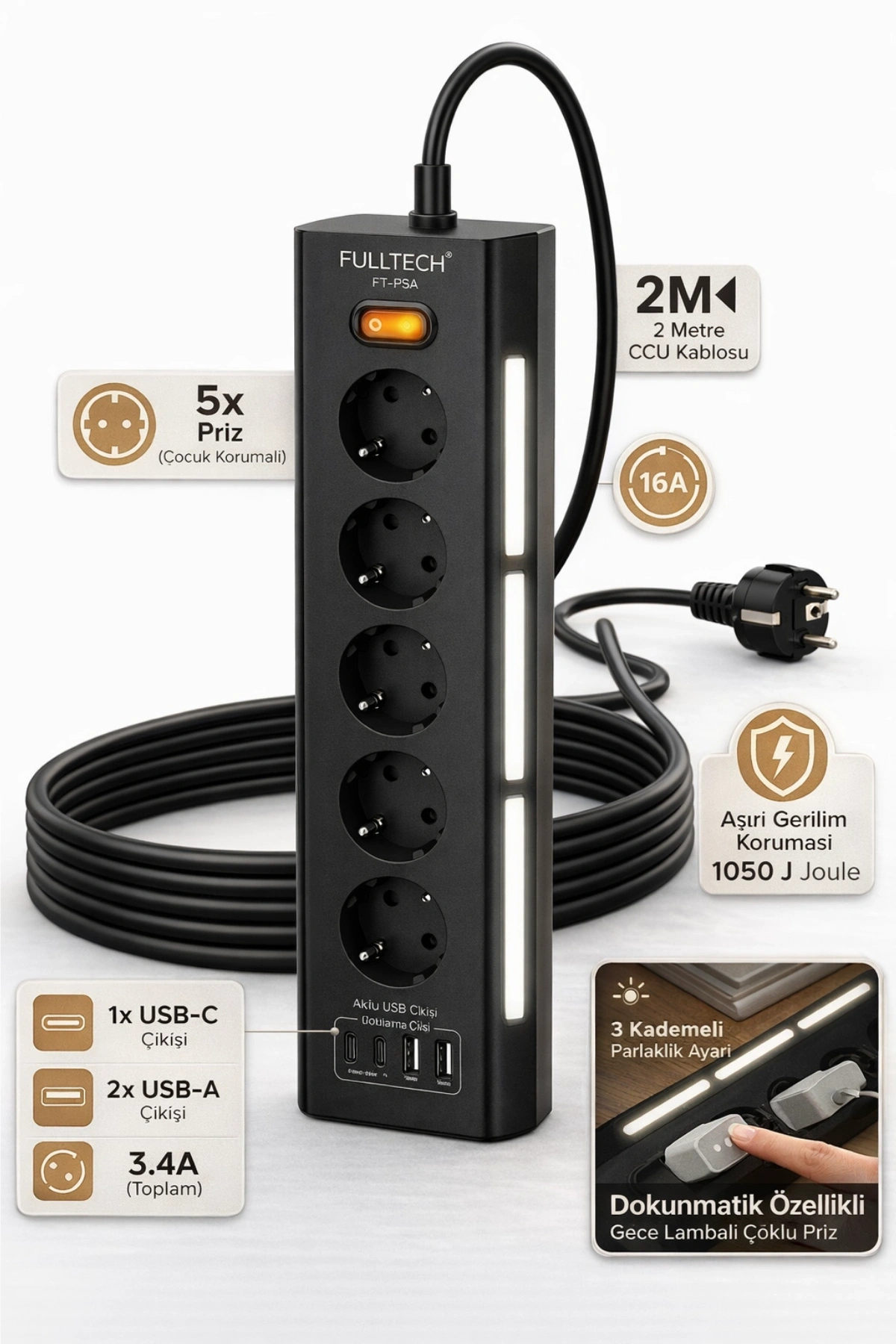 Fulltech FTR-26 5Li Akım Korumalı Priz 2 USB-A, 2 USB-C, 3 Kademeli Gece Lambası, 2 Metre Kablo - 3680W