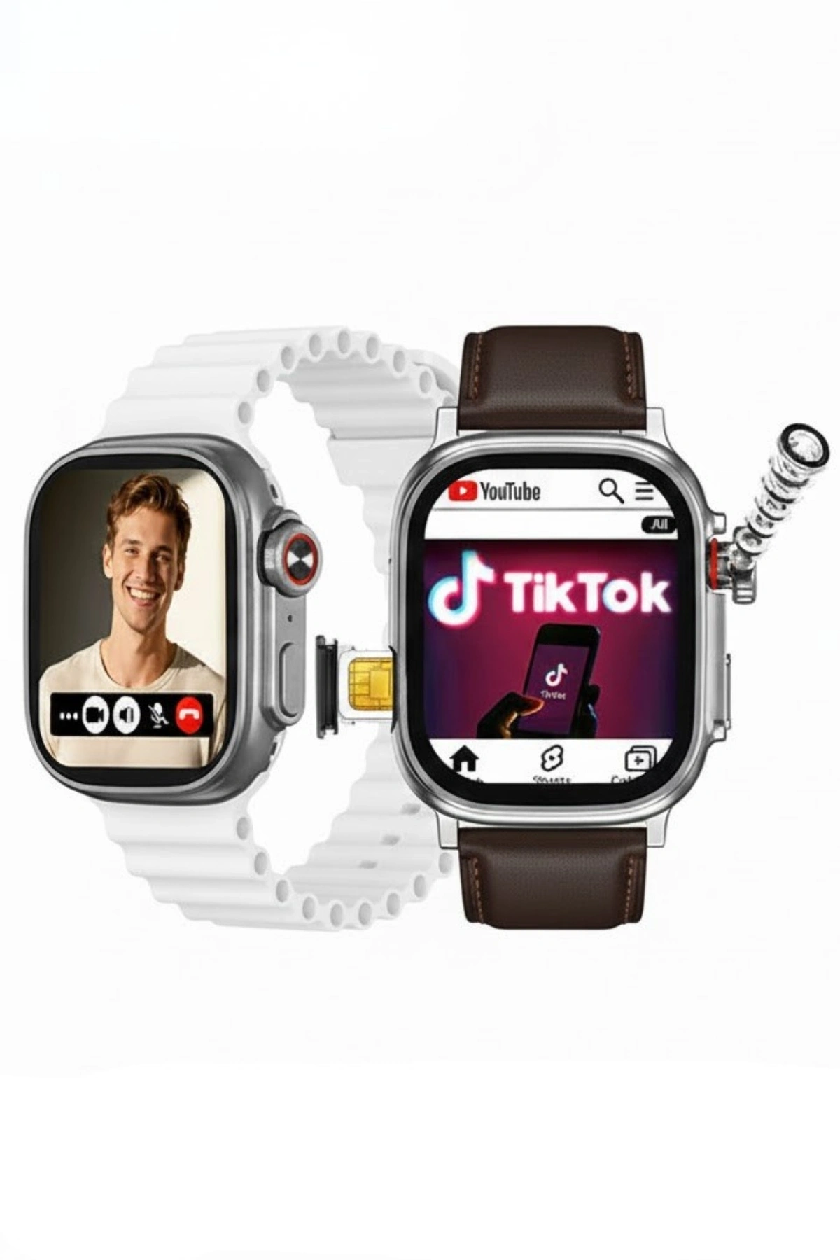 HainoTeko FG-7 Gümüş 5G Sim Kartlı Full Android Akıllı Saat GPS Wi-Fi Kameralı + Deri ve Silikon Kordon