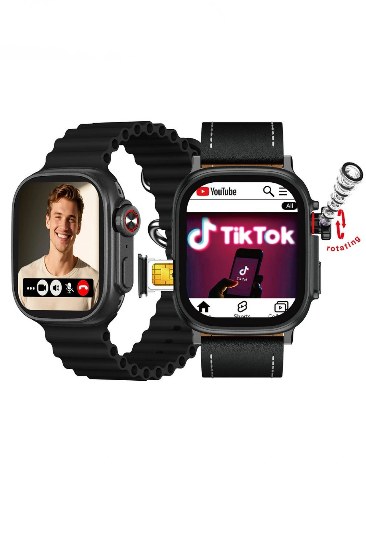 HainoTeko FG-7 Siyah 5G Sim Kartlı Full Android Akıllı Saat GPS Wi-Fi Kameralı + Deri ve Silikon Kordon