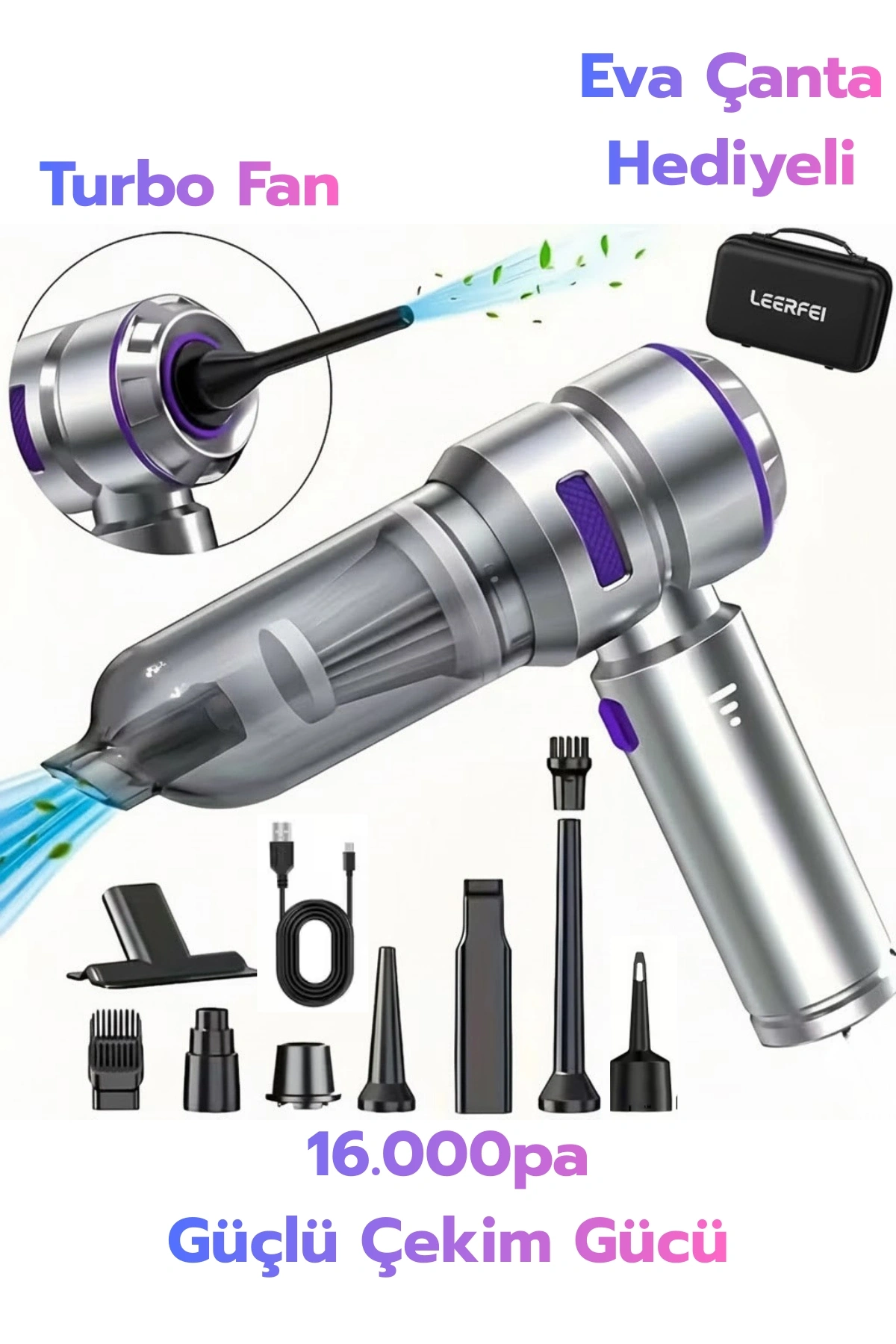 Leerfei Lf-6122 4ü 1 Arada El Süpürgesi | 16000PA Güçlü Çekim | Fırçasız Motor | Araba, Ev ve Ofis Kullanım