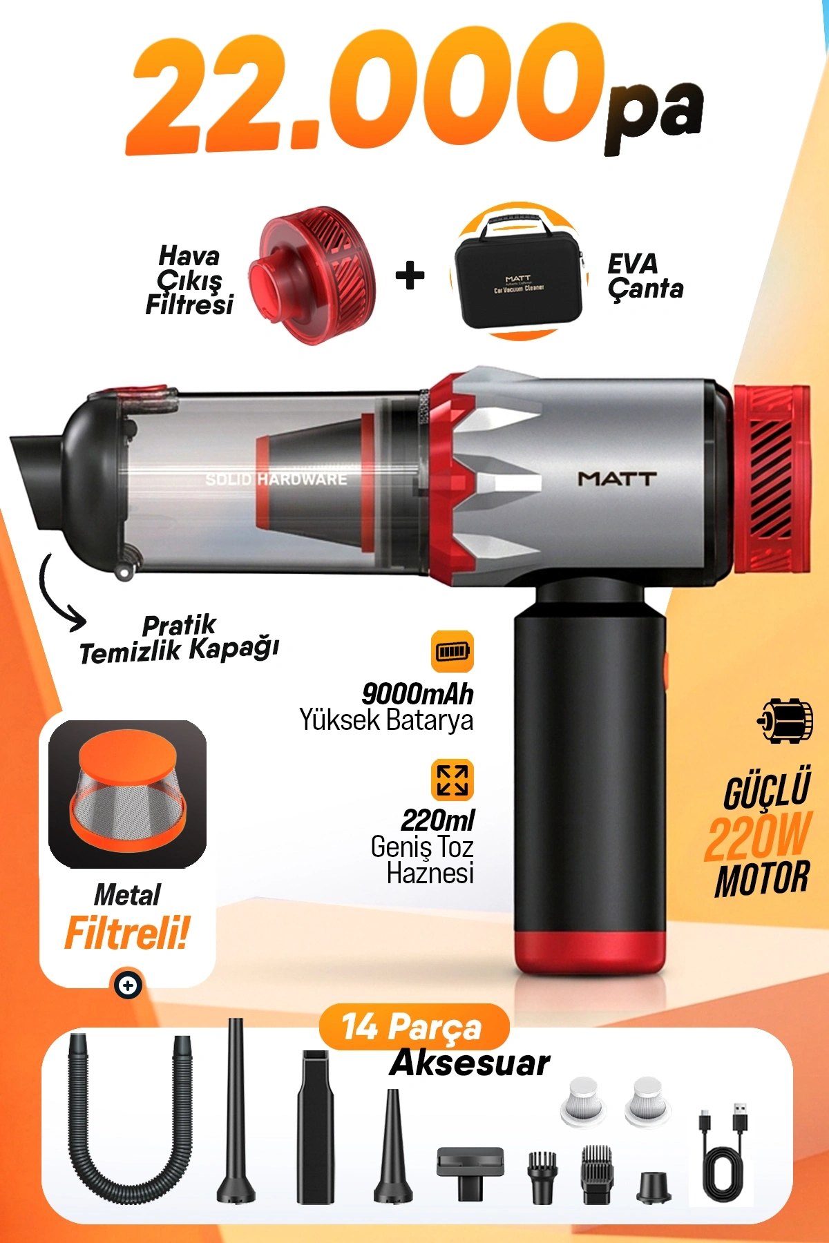 MATT MCV22 Şarjlı Araç Süpürgesi Kırmızı 22.000Pa Güçlü Vakumlu Mini Type-C Şarjlı 220ML