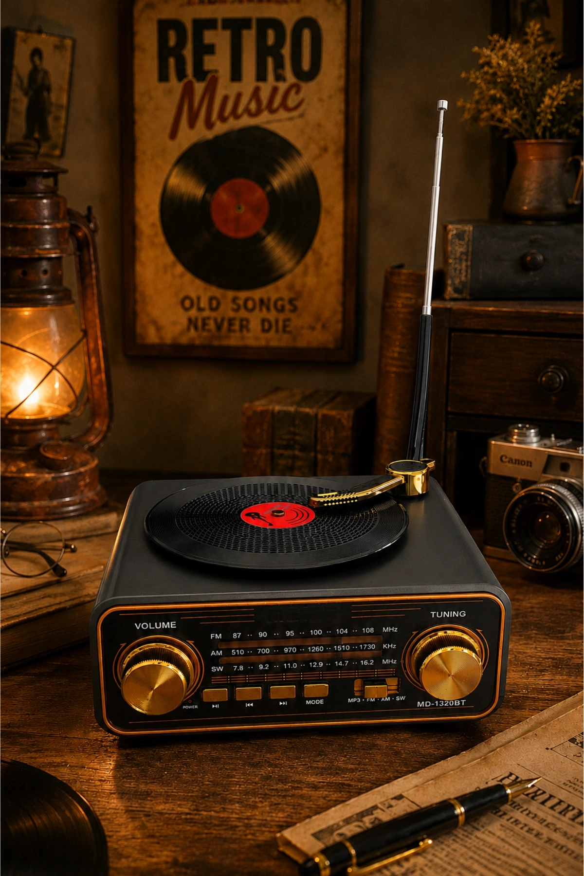 Meier MD-1320BT Siyah Nostaljik Görünümlü Bluetooth Hoparlör ve 3 Bantlı Şarjlı Radyo