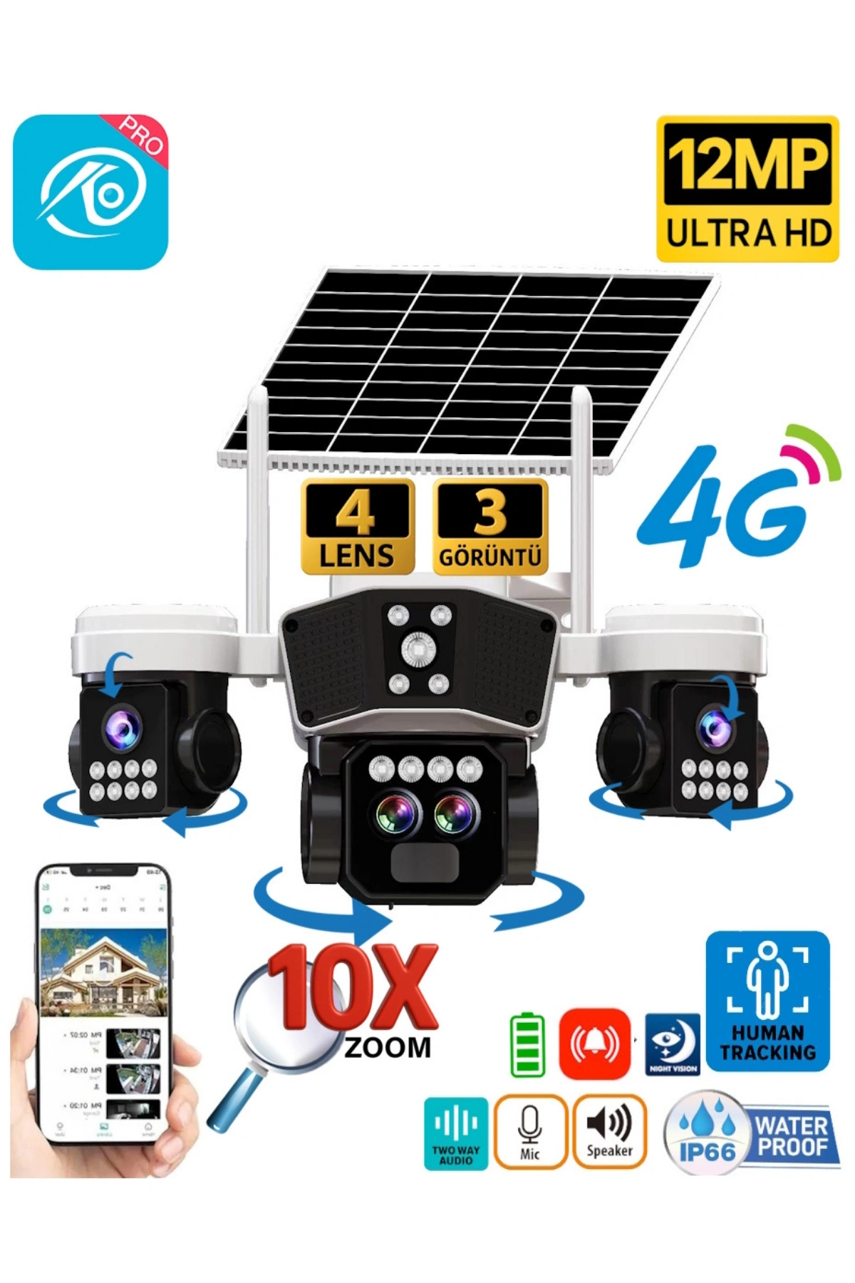 O-kam Pro Okam-9005 | 4G Güneş Enerjili 12 Mp Akıllı Güvenlik Kamerası | Ultra HD Çoklu Lens PTZ Dış Mekan