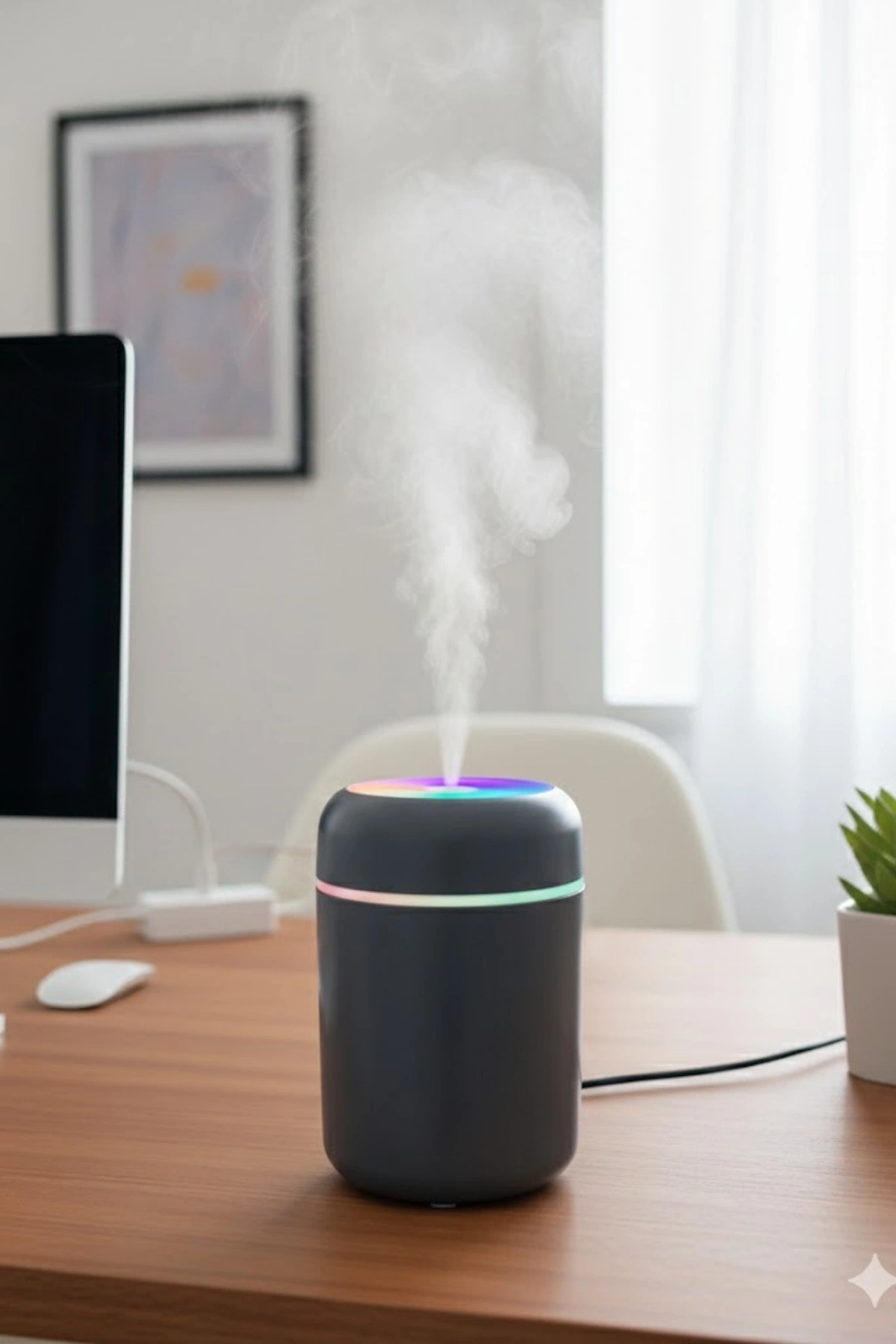 Siyah H2O USB Renkli Mini Hava Nemlendirici | LED Işıklı | 350ml Taşınabilir Oda ve Ofis Difüzörü