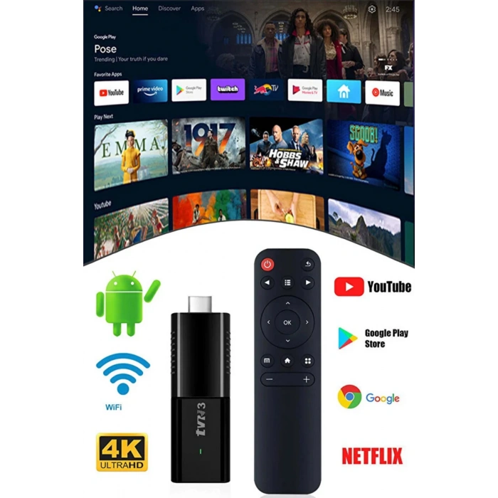 4K Ultra HD Android TV Stick - 8GB+128GB Depolama, Wi-Fi ve Bluetooth Kumandalı TV Çevirici