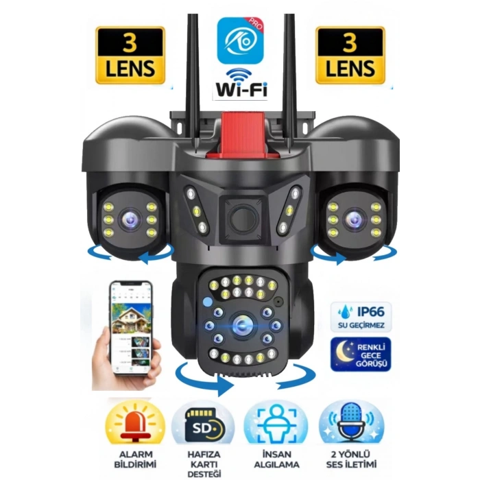 O-kam Pro Okam-5011 3 Lensli 9MP Wifi PTZ Dış Mekan Güvenlik Kamerası