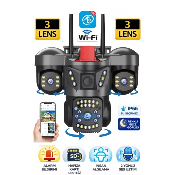 O-kam Pro Okam-5011 3 Lensli 9MP Wifi PTZ Dış Mekan Güvenlik Kamerası