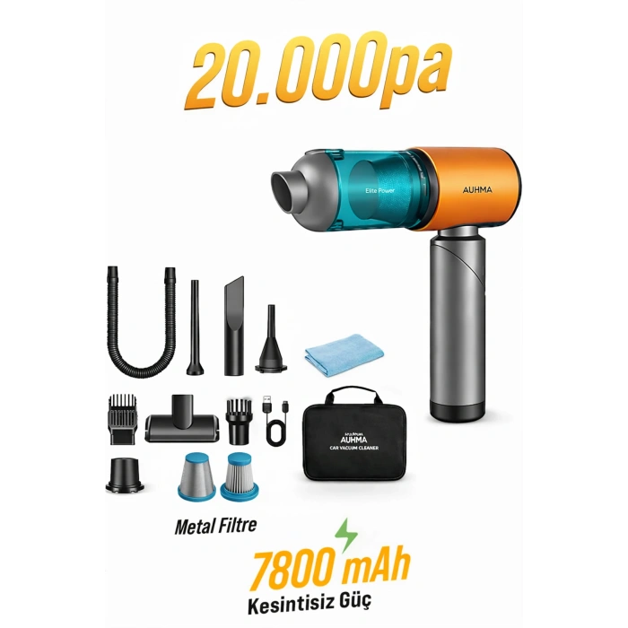 Auhma Elite Power AHV-27 Turuncu Şarjlı Araç Süpürgesi -20.000 PA Emiş Gücü 7800 Mah