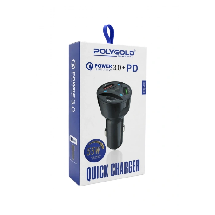 Polygold PG-88 55W Hızlı Araç Şarj Cihazı -Çift Çıkışlı Type-C ve USB