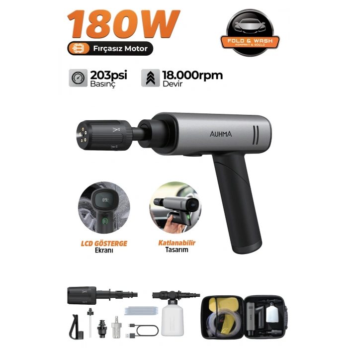 Auhma ACR-09 Şarjlı Basınçlı Yıkama Makinesi - 180W Katlanabilir Oto Yıkama Tabancası