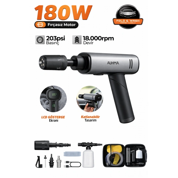 Auhma ACR-09 Şarjlı Basınçlı Yıkama Makinesi - 180W Katlanabilir Oto Yıkama Tabancası