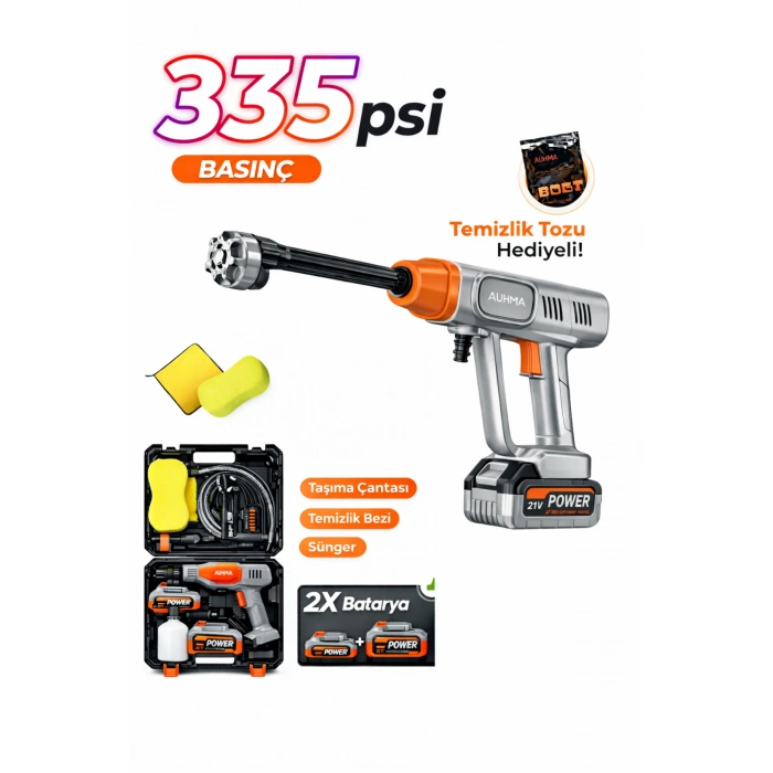 Auhma ACR-05 Şarjlı Basınçlı Oto Yıkama Makinesi - 21V Çift Bataryalı Full Aksesuar Setli