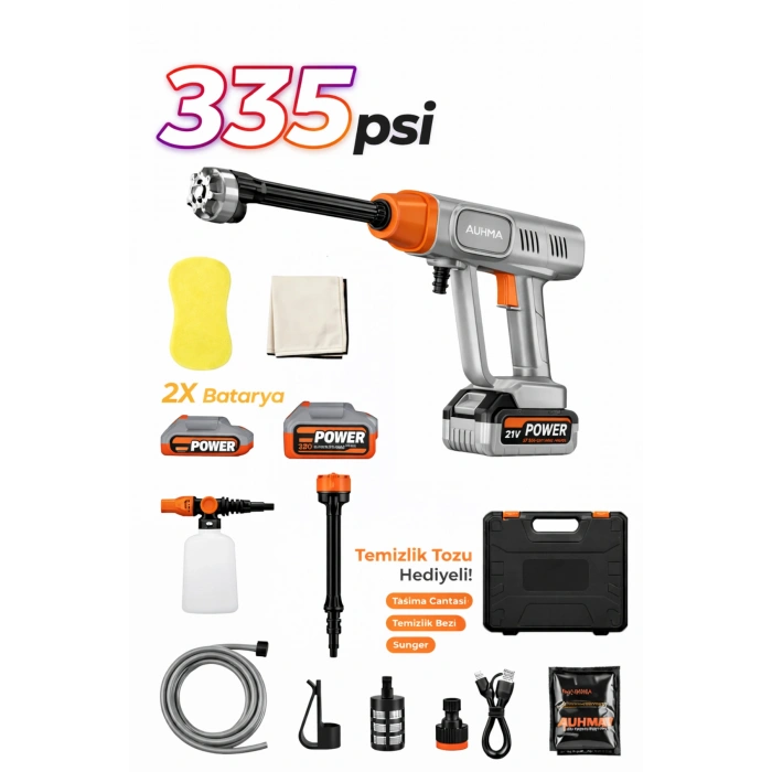 Auhma ACR-05 Şarjlı Basınçlı Oto Yıkama Makinesi - 21V Çift Bataryalı Full Aksesuar Setli