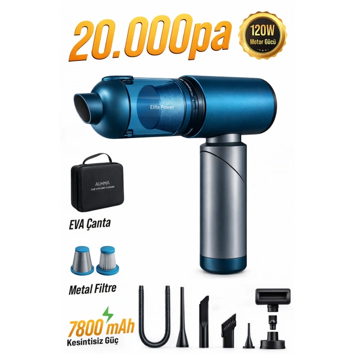 Auhma Elite Power AHV-27 Mavi Şarjlı Araç Süpürgesi -20.000 PA Emiş Gücü 7800 Mah