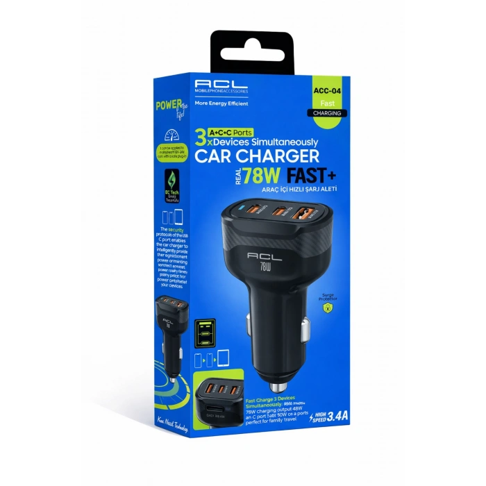 Acl Acc-04 78W Süper Hızlı Araç Şarj Cihazı ? Çift PD 30W + QC 3.0 18W Üç Portlu