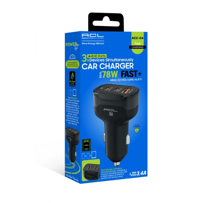 Acl Acc-04 78W Süper Hızlı Araç Şarj Cihazı ? Çift PD 30W + QC 3.0 18W Üç Portlu