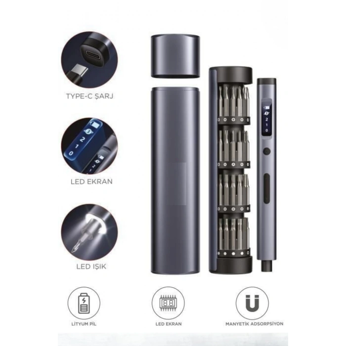 Torima TTS-01 3.7V Şarjlı Tornavida Seti (32 Parça Uç + Taşıma Çantalı)