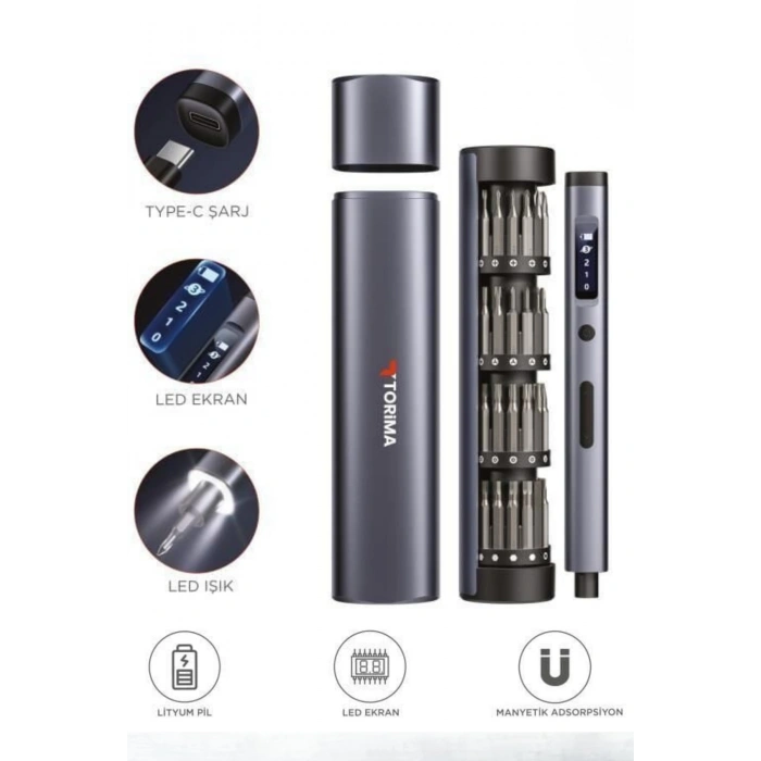 Torima TTS-01 3.7V Şarjlı Tornavida Seti (32 Parça Uç + Taşıma Çantalı)
