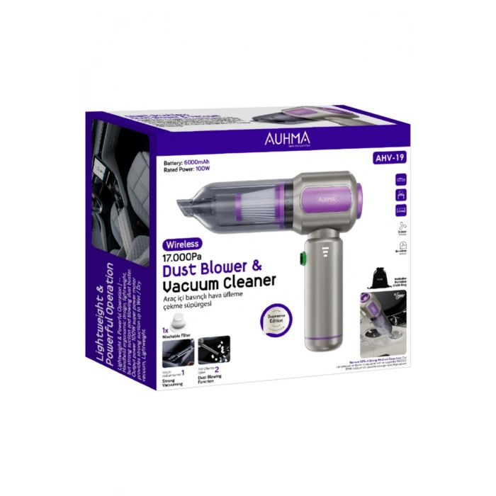 Auhma Ahv-19 Kablosuz Araç Süpürgesi ve Toz Üfleme Makinesi - 17.000 Pa Vakum Gücü - 6000mAh Batarya