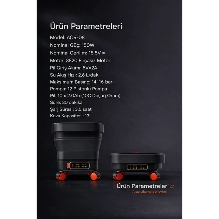 Auhma ACR-08 Elite Power Brushless Kablosuz Basınçlı Yıkama Makinesi - 13 Litre Tekerlekli Su Tanklı
