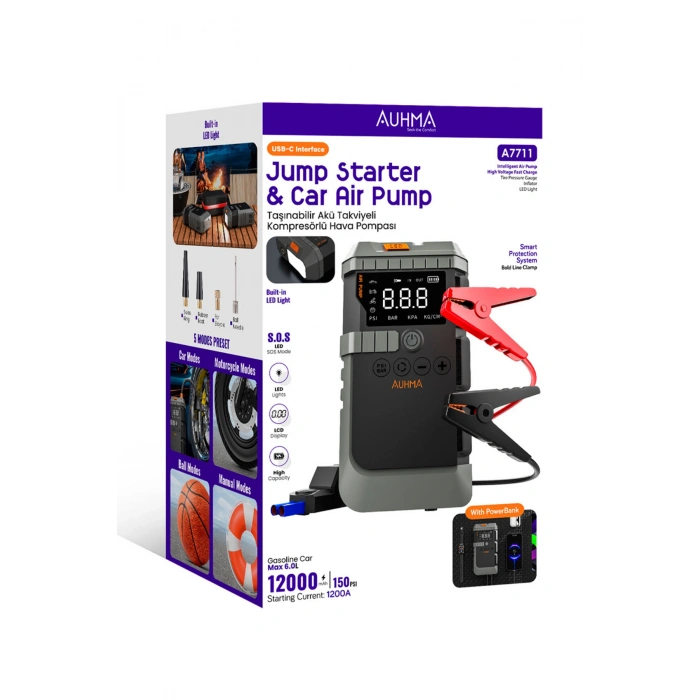 Auhma A7711 Araç Akü Takviye Cihazı ve Dijital Hava Pompası - 12000mAh, 1200A, 150 PSI