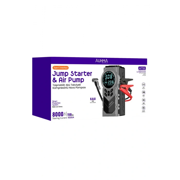Auhma A7722 Taşınabilir Akü Takviye Cihazı 150 PSI Dijital Hava Kompresörü 8000 mAh