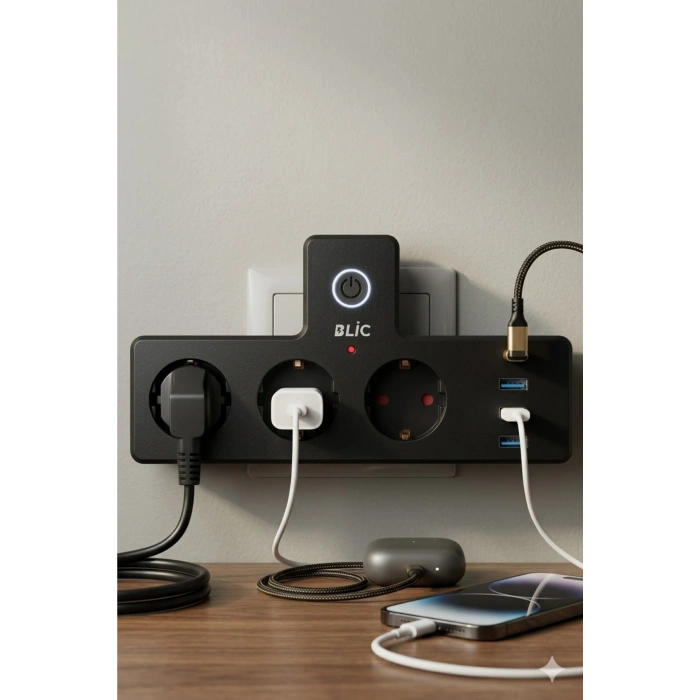 Blic FTR-12 Termal Akım Korumalı 3lü Priz - PD 20W USB-C + 3 USB-A Girişli - 2500W 10A