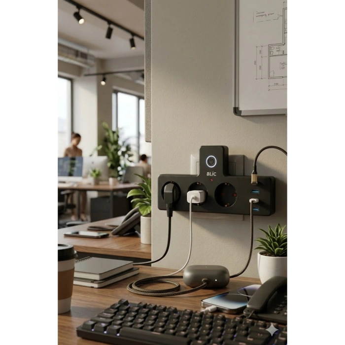 Blic FTR-12 Termal Akım Korumalı 3lü Priz - PD 20W USB-C + 3 USB-A Girişli - 2500W 10A