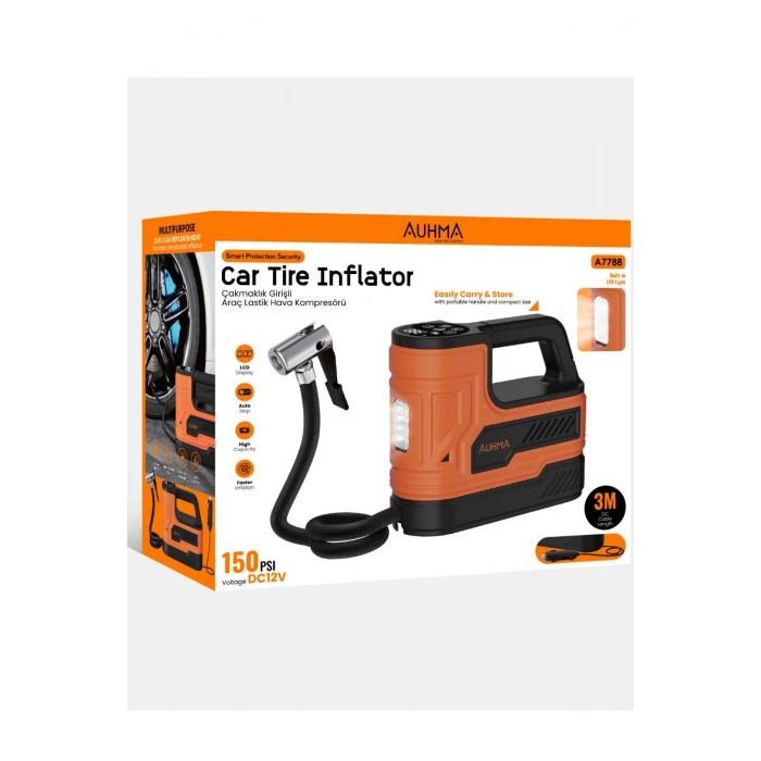 Auhma A7788 Dijital Ekranlı Taşınabilir Araç Lastik Hava Kompresörü - 150 PSI - 12V Çakmaklık Girişli