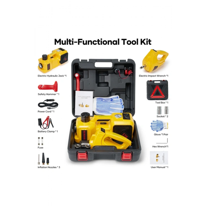 Auhma AHJ-01 5 Ton Elektrikli Hidrolik Kriko Seti - Hava Pompası 4ü 1 Arada Araba Tamir Kiti