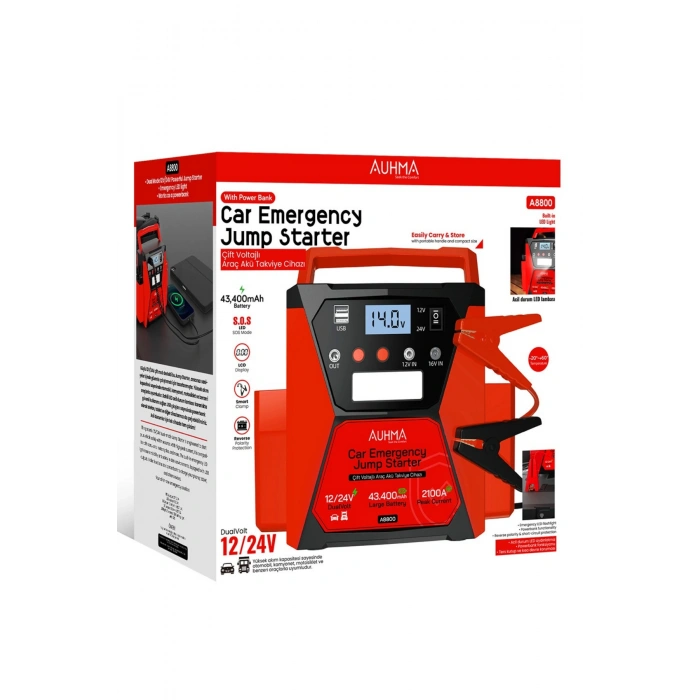 Auhma A8800 43.400mAh 12V/24V Çift Voltajlı 2100A Akü Takviye Cihazı Powerbank Jump Starter