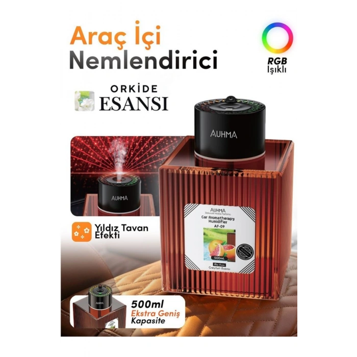 Auhma AF-09 Araç İçi Hava Nemlendirici & Koku Makinesi Orkide Esansı  500ml Aromaterapi Difüzör + RGB Işıklı