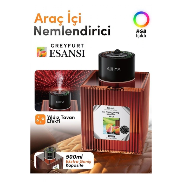 Auhma AF-09 Araç İçi Hava Nemlendirici & Koku Makinesi Greyfurt Esansı  500ml Aromaterapi Difüzör + RGB Işıklı