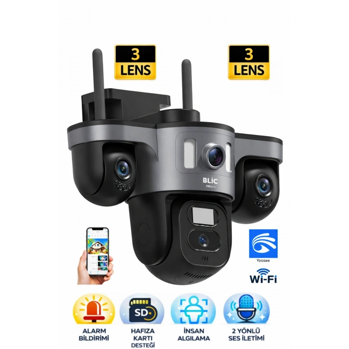 Blic Pro++ Blm-97 9MP 3 Lensli Wi-Fi PTZ Akıllı IP Kamera - Hareket Takibi ve Gece Görüşlü
