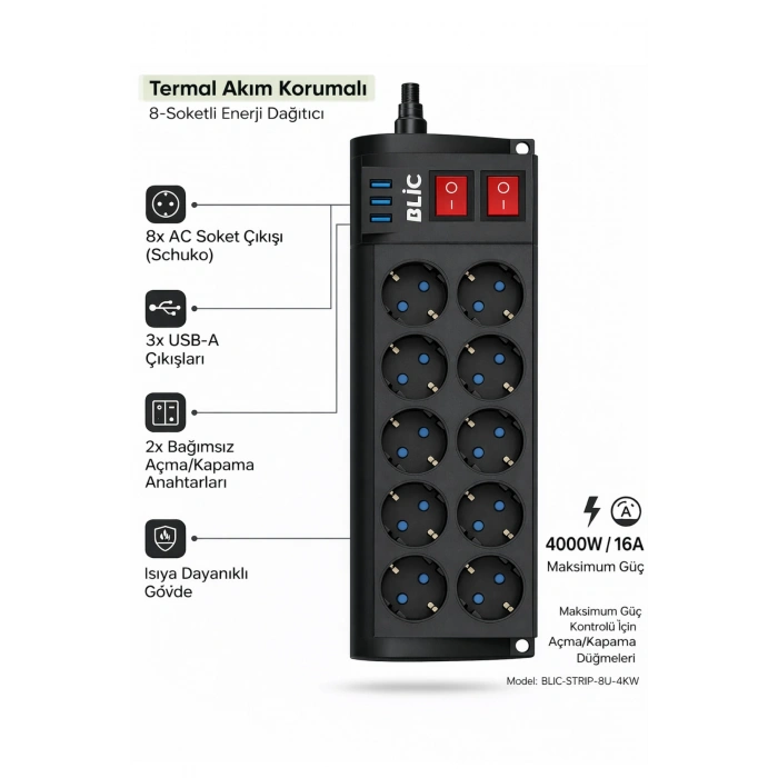 Blic Ftr-08 8 Li Akım Korumalı Priz ve 3 USB Girişli Çoklu Priz (2M Kablo)