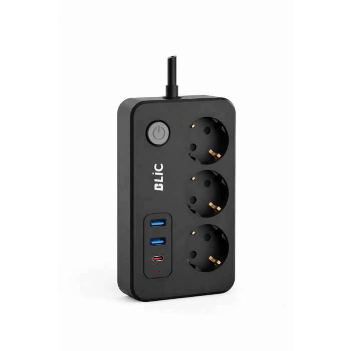 Blic Ftr-02 Akım Korumalı 3Lü Grup Priz - 2500W, 20W PD USB-C ve 2x USB-A Hızlı Şarj, 2 Metre