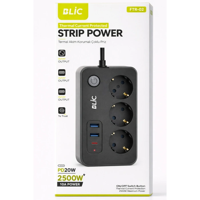 Blic Ftr-02 Akım Korumalı 3Lü Grup Priz - 2500W, 20W PD USB-C ve 2x USB-A Hızlı Şarj, 2 Metre