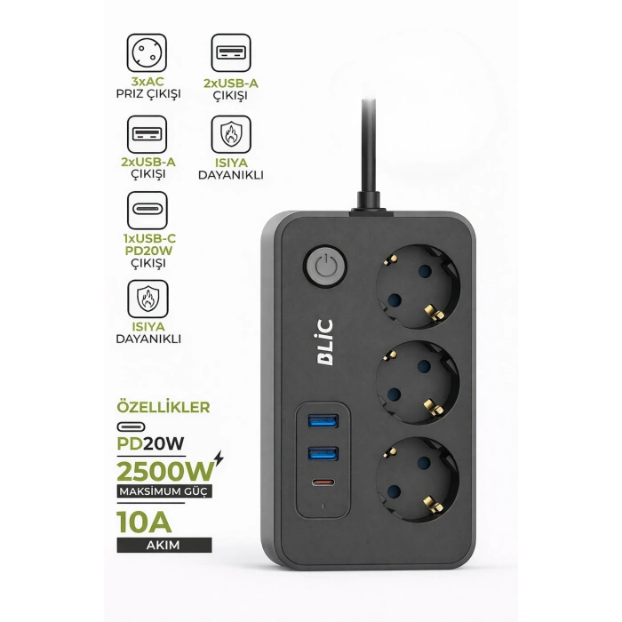 Blic Ftr-02 Akım Korumalı 3Lü Grup Priz - 2500W, 20W PD USB-C ve 2x USB-A Hızlı Şarj, 2 Metre