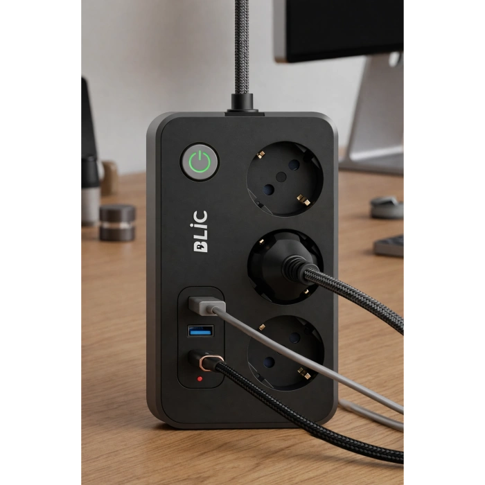 Blic Ftr-02 Akım Korumalı 3Lü Grup Priz - 2500W, 20W PD USB-C ve 2x USB-A Hızlı Şarj, 2 Metre