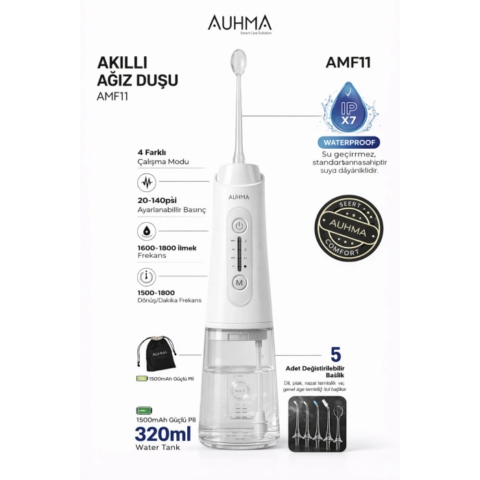 Auhma AMF11 Akıllı Şarjlı Ağız Duşu - 320ml Su Haznesi, 4 Modlu, Diş Temizleme Cihazı