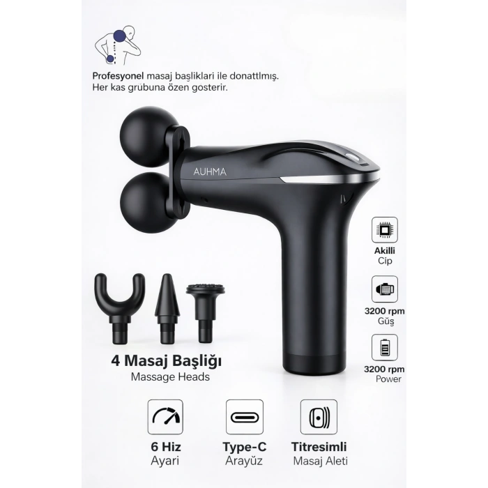 Auhma Amg18 Çift Başlıklı Şarjlı Masaj Tabancası - 6 Kademeli 3200 RPM Titreşimli Masaj Aleti