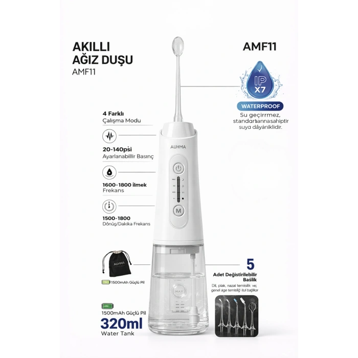 Auhma AMF11 Akıllı Şarjlı Ağız Duşu - 320ml Su Haznesi, 4 Modlu, Diş Temizleme Cihazı
