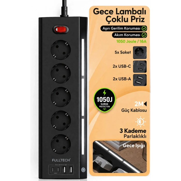 Fulltech Ftr-26 5Li Akım Korumalı Priz 2 USB-A, 2 USB-C, 3 Kademeli Gece Lambası, 2 Metre Kablo