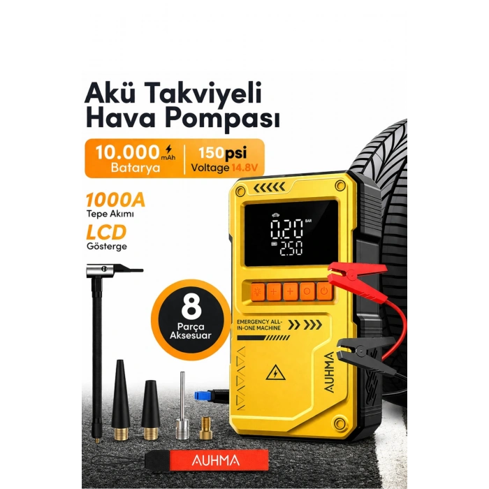 Auhma A8822 4-in-1 Akıllı Akü Takviye Cihazı ve Hava Pompası - 10000mAh Powerbank & SOS Fener