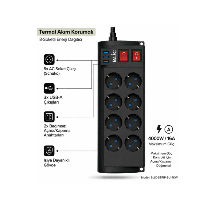 Blic Ftr-08 8 Li Akım Korumalı Priz ve 3 USB Girişli Çoklu Priz (2M Kablo)