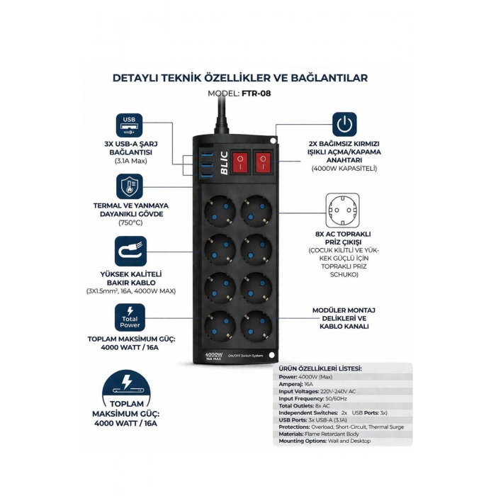 Blic Ftr-08 8 Li Akım Korumalı Priz ve 3 USB Girişli Çoklu Priz (2M Kablo)
